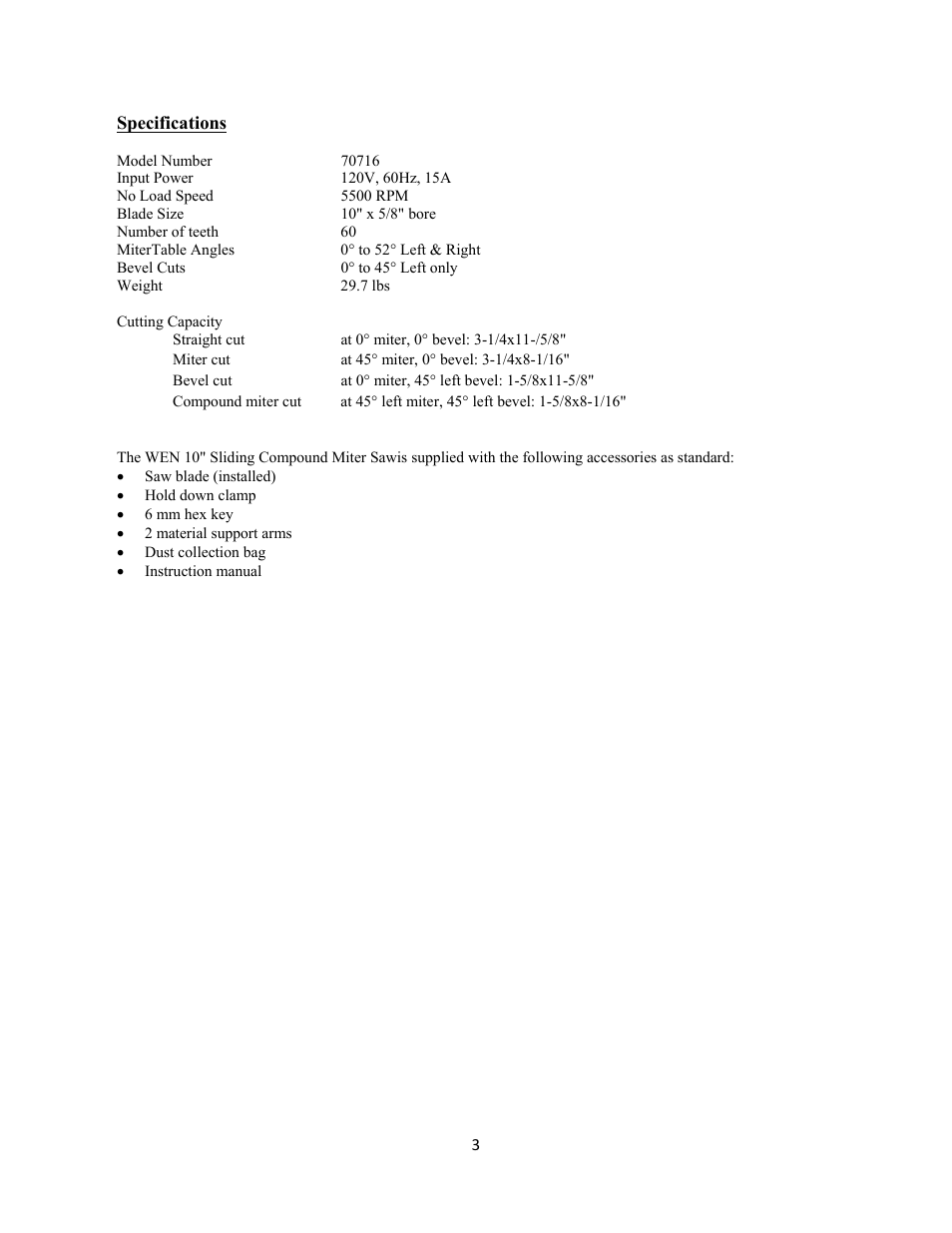 WEN 70716 10 inch Sliding Compound Miter Saw User Manual | Page 3 / 20