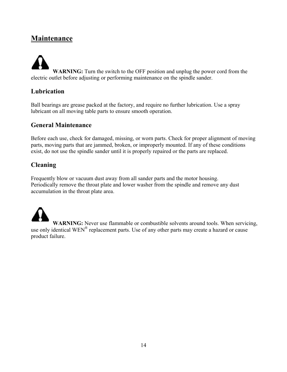 Maintenance | WEN 6510 oscillating spindle sander User Manual | Page 14 / 20