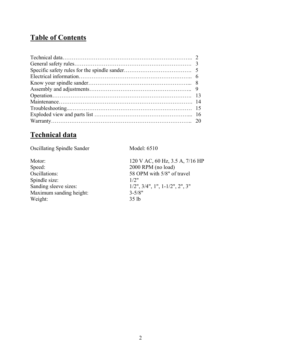 WEN 6510 oscillating spindle sander User Manual | Page 2 / 20