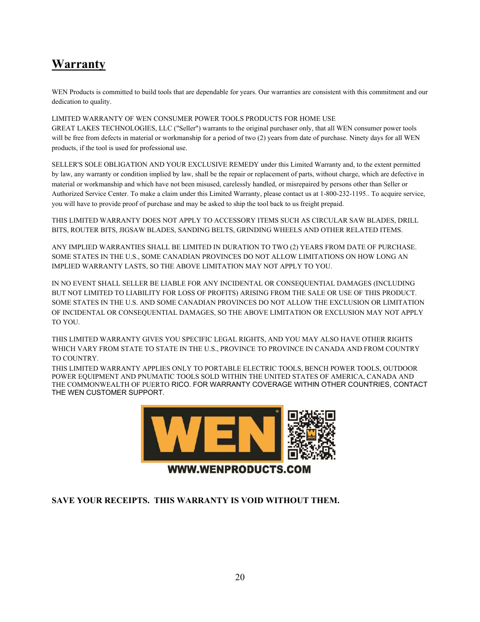 Warranty | WEN 6510 oscillating spindle sander User Manual | Page 20 / 20