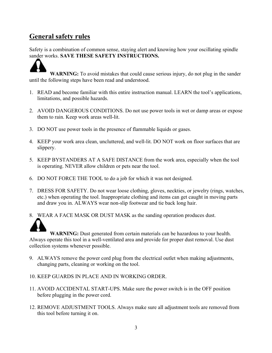 General safety rules | WEN 6510 oscillating spindle sander User Manual | Page 3 / 20