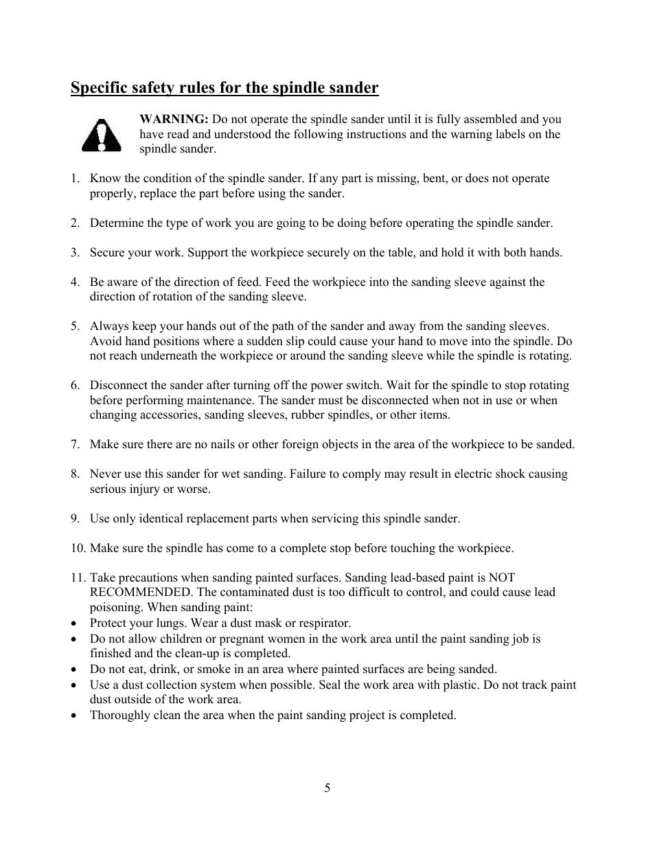 Specific safety rules for the spindle sander | WEN 6510 oscillating spindle sander User Manual | Page 5 / 20