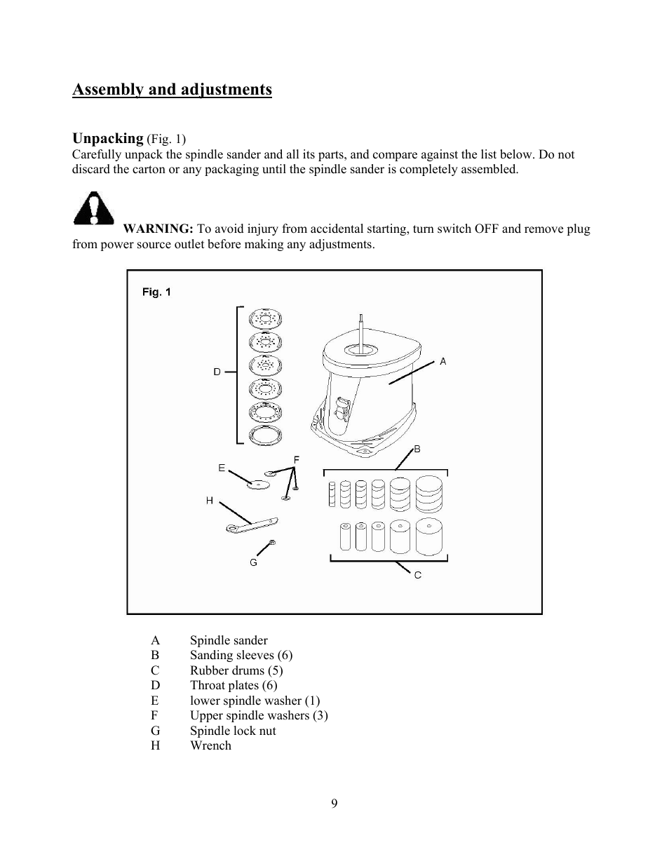 Assembly and adjustments | WEN 6510 oscillating spindle sander User Manual | Page 9 / 20