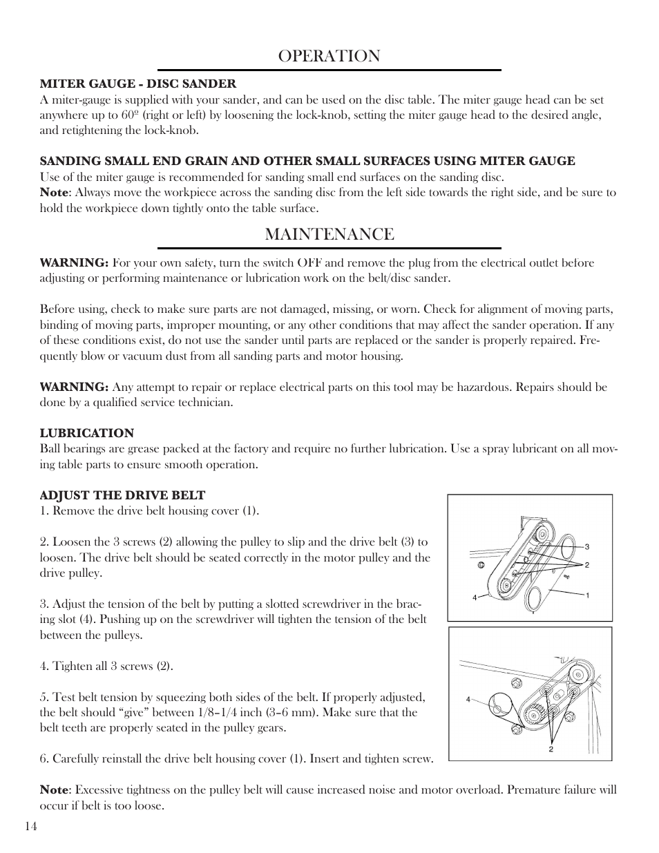 Operation, Maintenance | WEN 6502 4 x 6 Belt / Disc Sander User Manual | Page 14 / 19