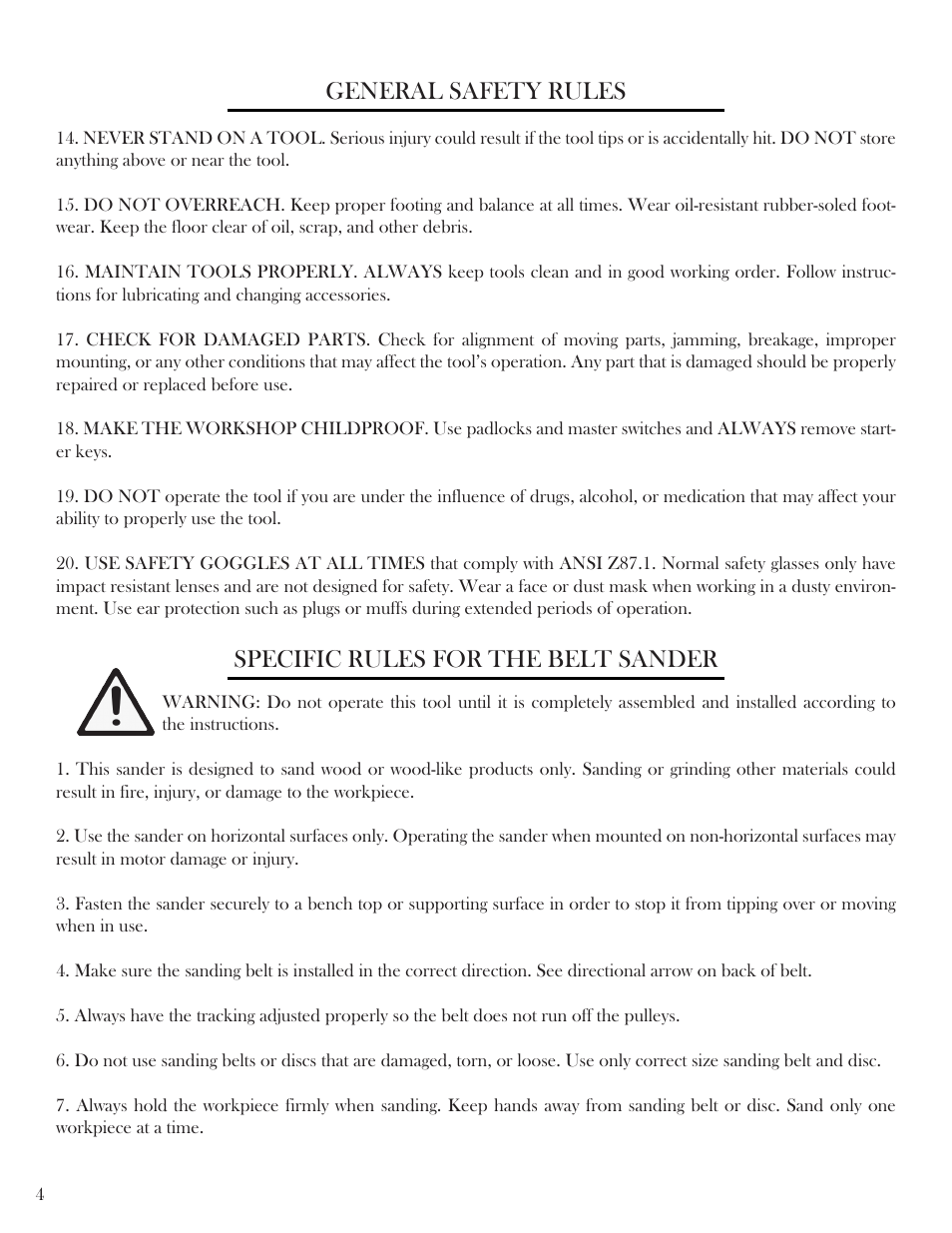General safety rules, Specific rules for the belt sander | WEN 6502 4 x 6 Belt / Disc Sander User Manual | Page 4 / 19
