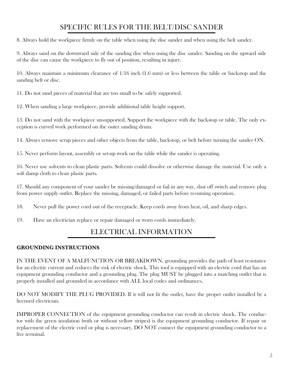 Specific rules for the belt/disc sander, Electrical information | WEN 6502 4 x 6 Belt / Disc Sander User Manual | Page 5 / 19