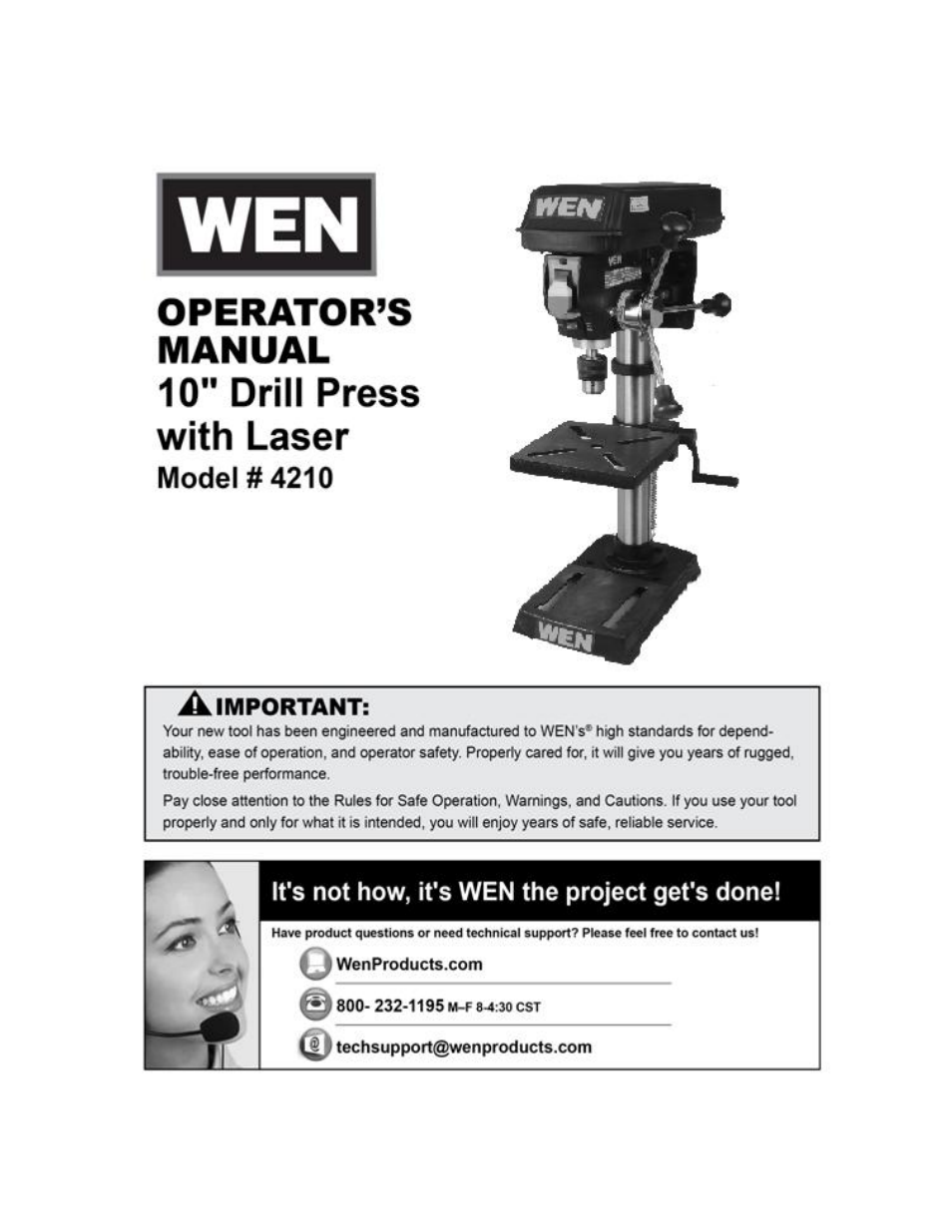 WEN 4210 10 inch Drill Press with Cross Hair Laser ver.2014 User Manual | 28 pages