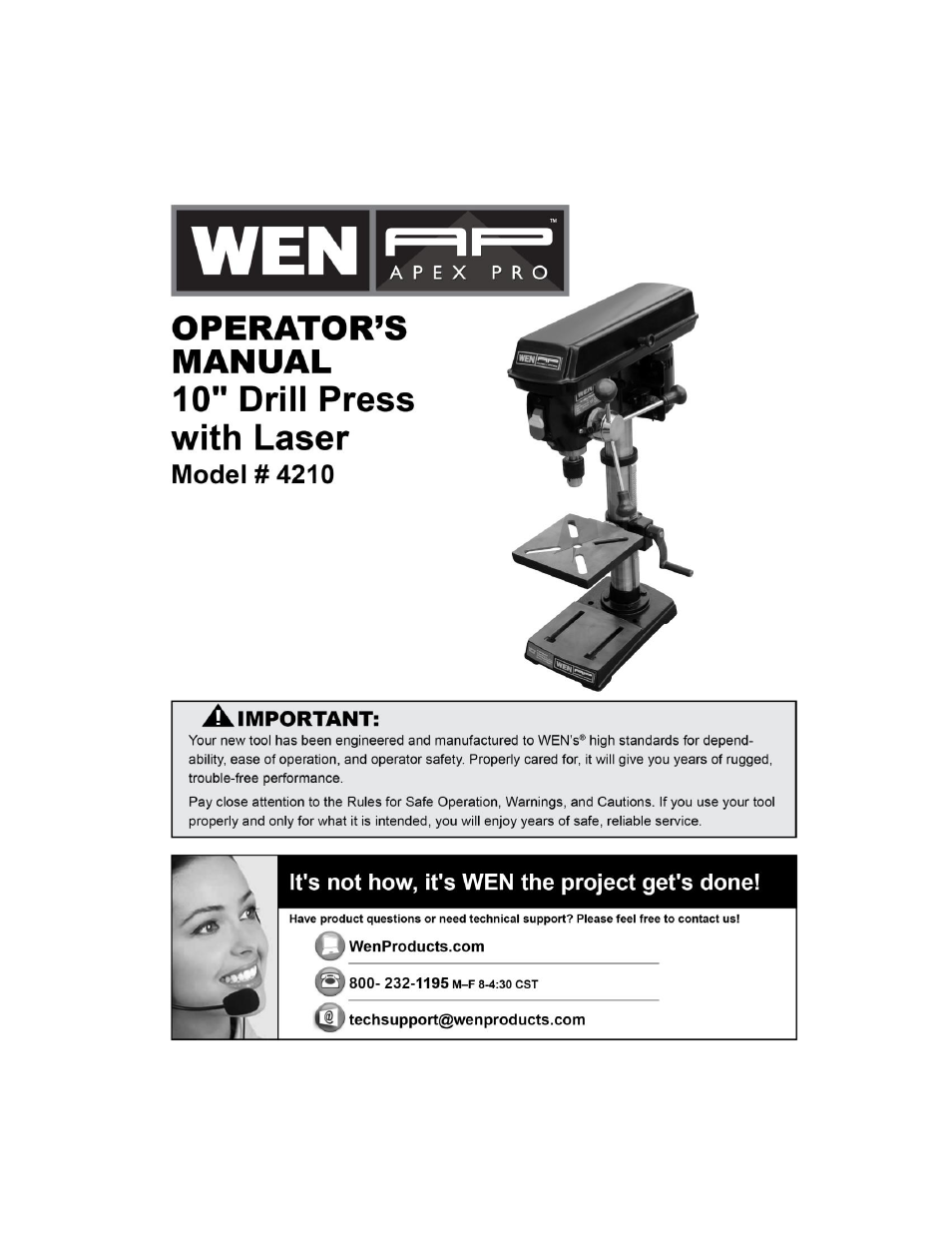 WEN 4210 10 inch Drill Press with Cross Hair Laser User Manual | 28 pages