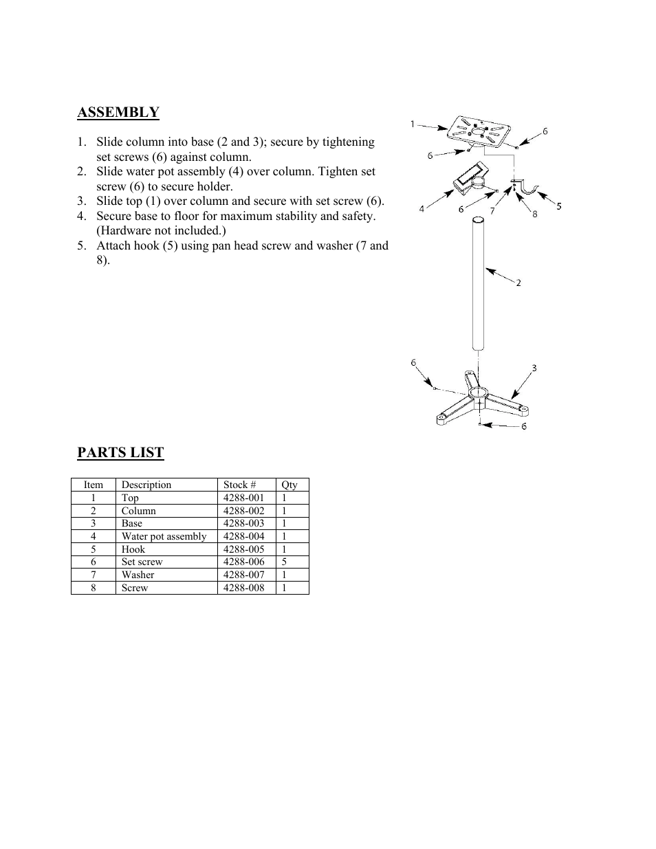 Assembly, Parts list | WEN 4288 Bench Grinder Pedestal Stand User Manual | Page 3 / 4