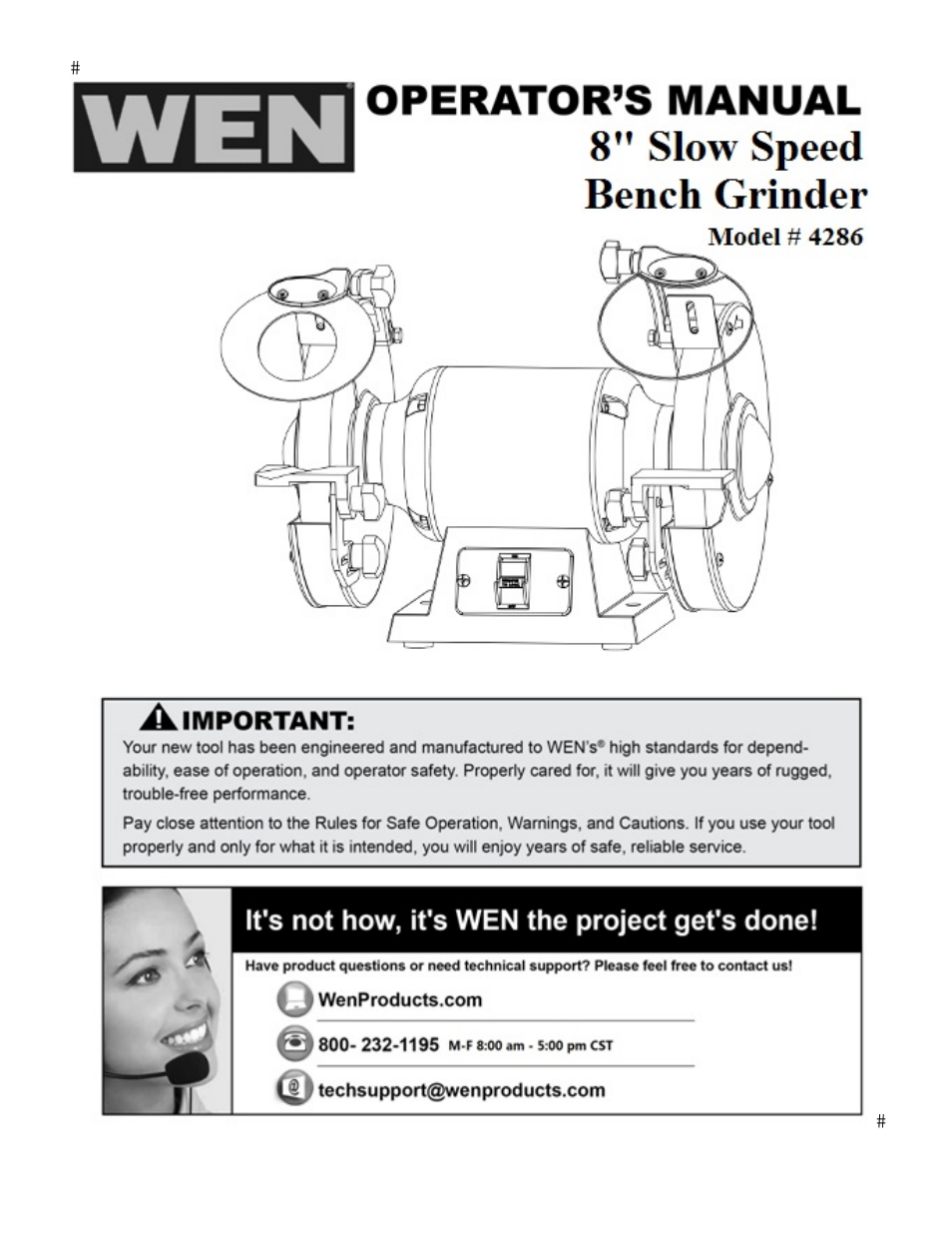 WEN 4286 8 inch Slow Speed Bench Grinder User Manual | 16 pages