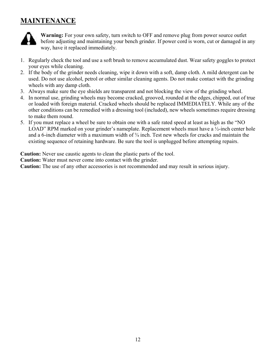 Maintenance | WEN 4286 8 inch Slow Speed Bench Grinder User Manual | Page 12 / 16