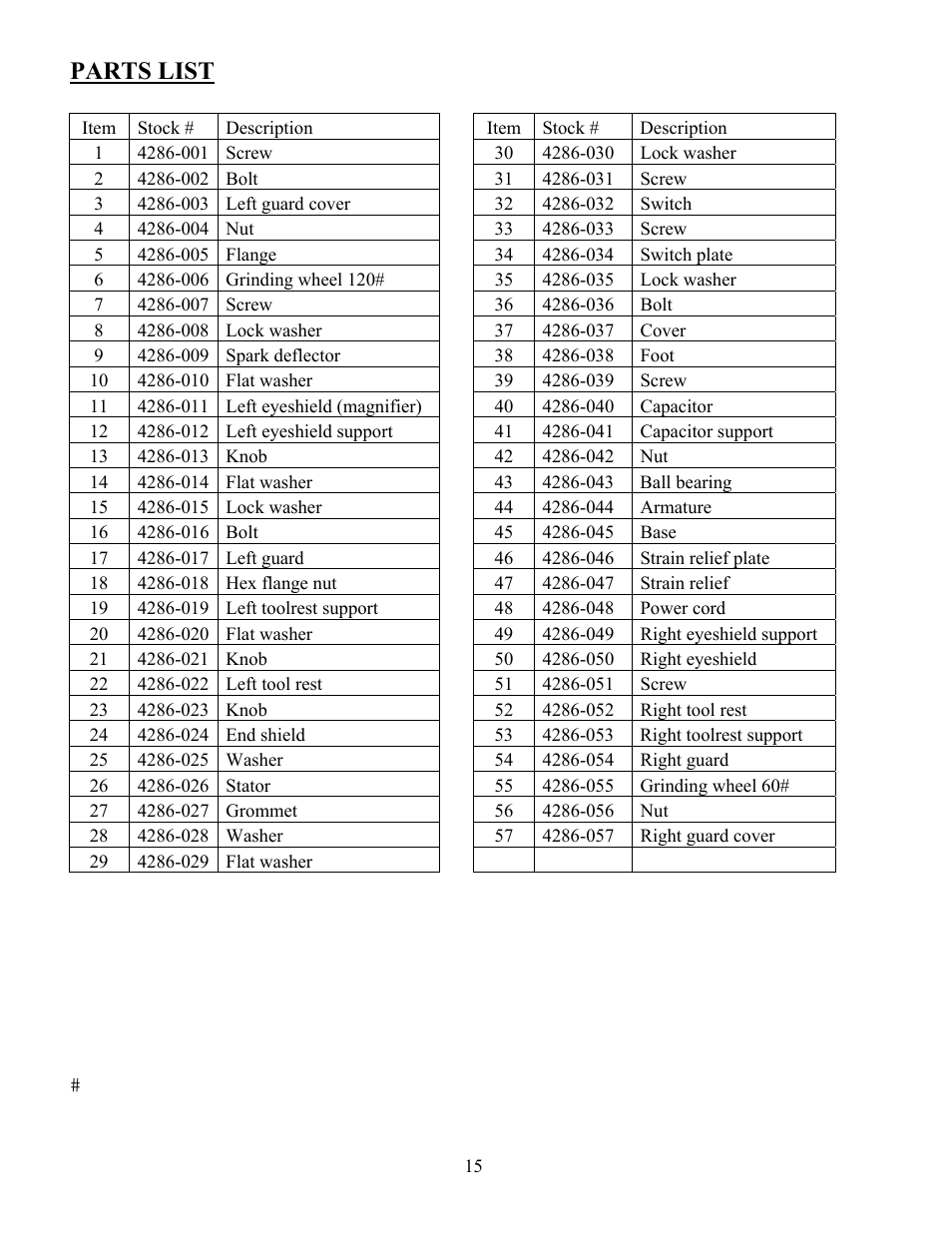 Parts list | WEN 4286 8 inch Slow Speed Bench Grinder User Manual | Page 15 / 16