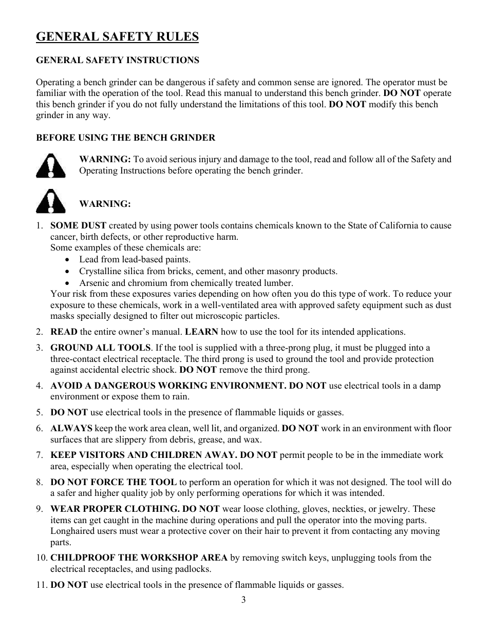 General safety rules | WEN 4286 8 inch Slow Speed Bench Grinder User Manual | Page 3 / 16