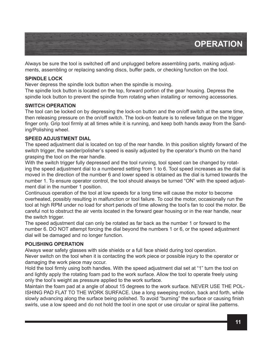 Operation | WEN 946 7 Inch Variable Speed Polisher / Sander User Manual | Page 11 / 16