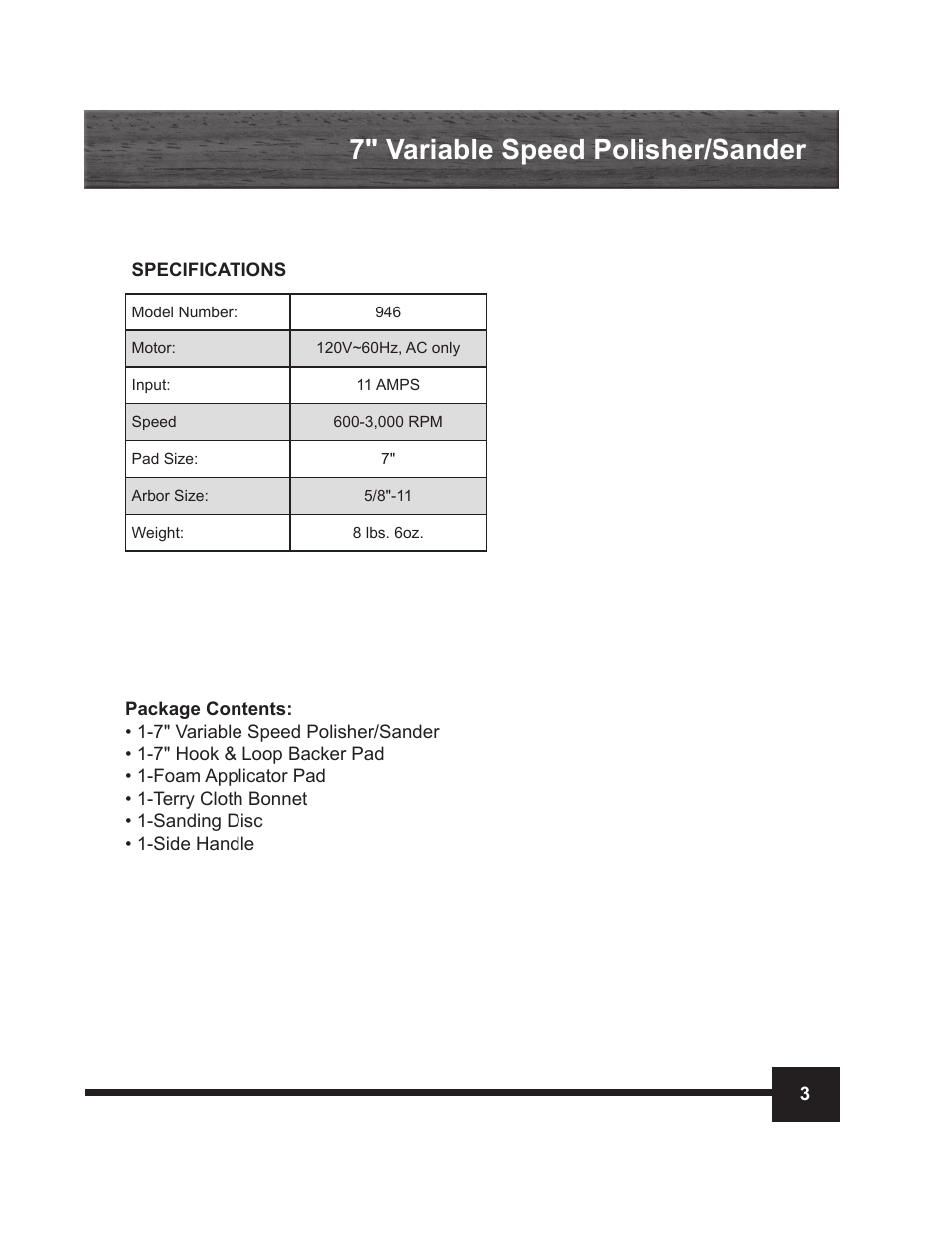 7" variable speed polisher/sander | WEN 946 7 Inch Variable Speed Polisher / Sander User Manual | Page 3 / 16