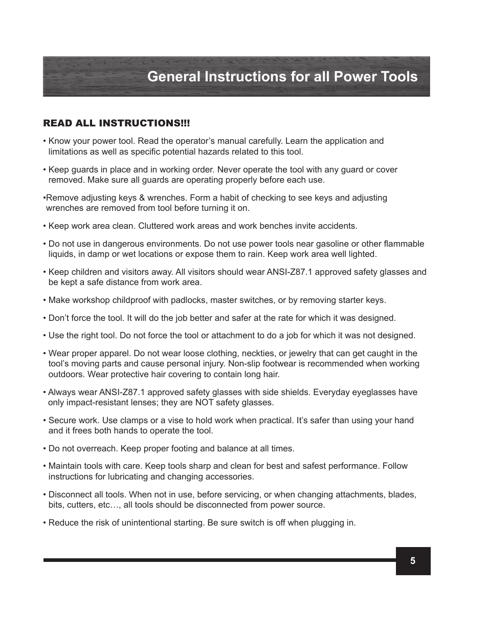 General instructions for all power tools | WEN 946 7 Inch Variable Speed Polisher / Sander User Manual | Page 5 / 16