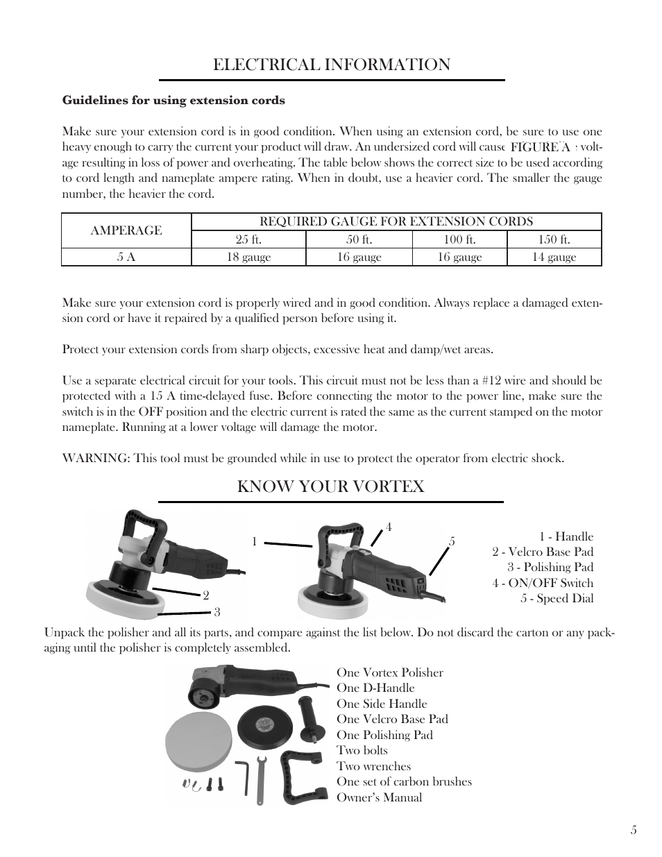 Electrical information, Know your vortex | WEN 6018 6 inch Vortex Variable Speed Dual Action Polisher User Manual | Page 5 / 11