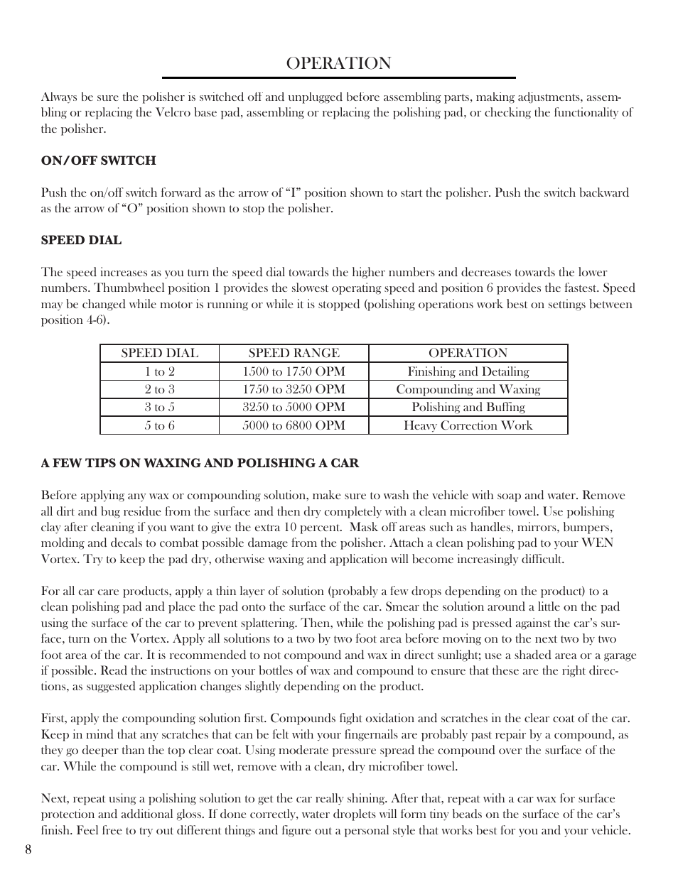 Operation | WEN 6018 6 inch Vortex Variable Speed Dual Action Polisher User Manual | Page 8 / 11