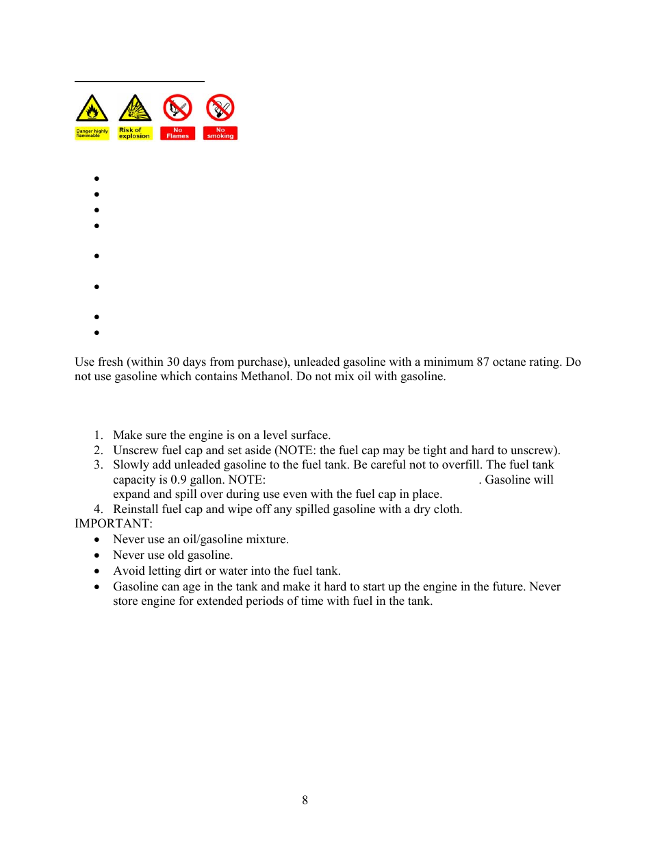 Step 2- add gasoline, Warning | WEN 56173 173 cc 6 HP OHV Vertical Shaft Gas Engine-CARB User Manual | Page 11 / 28