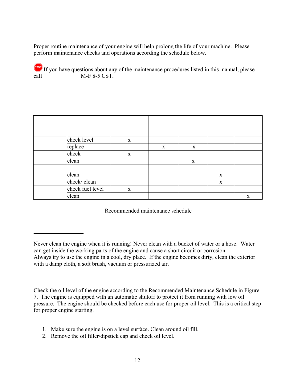 Maintenance / care, Cleaning the engine checking the oil | WEN 56173 173 cc 6 HP OHV Vertical Shaft Gas Engine-CARB User Manual | Page 15 / 28
