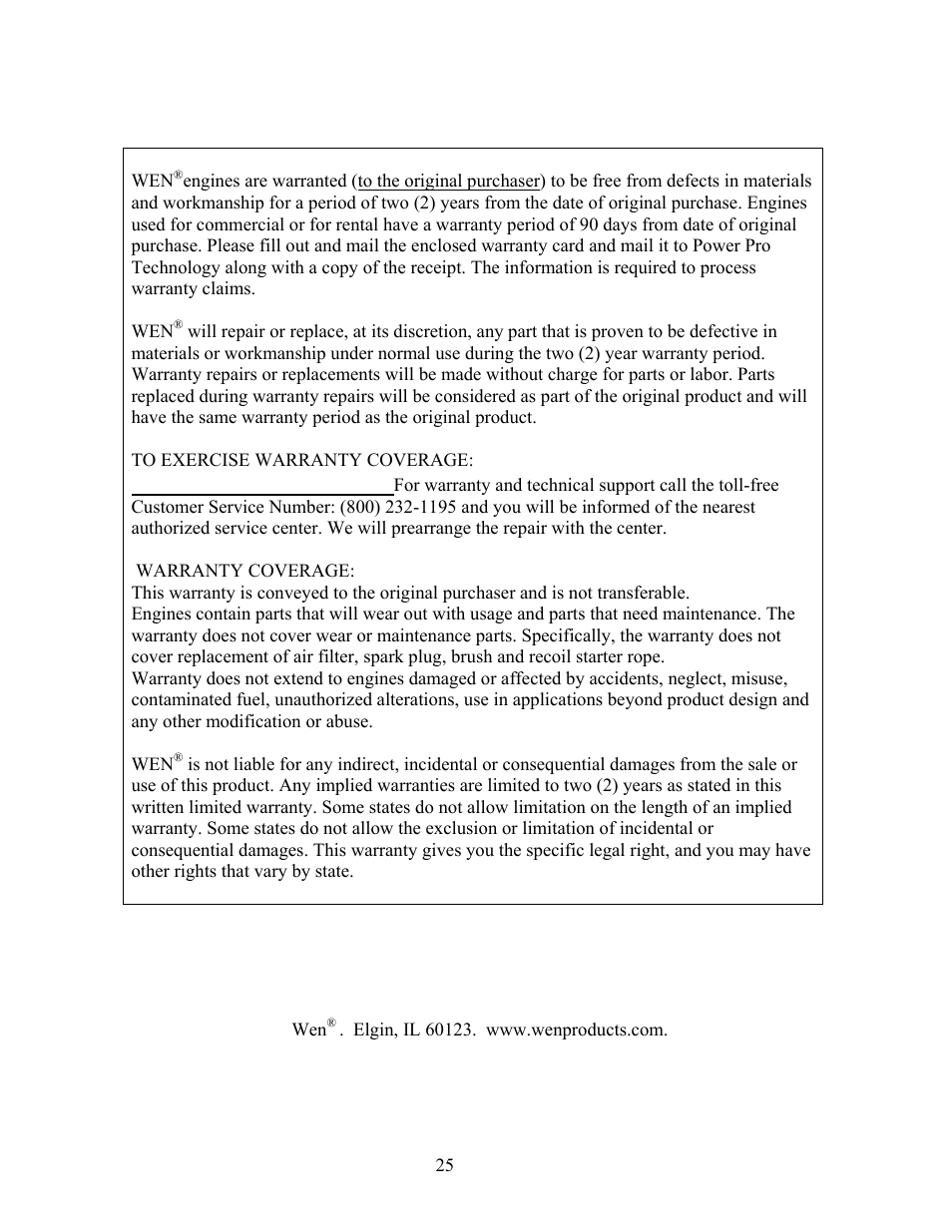 For wen®engines, Warranty statement, Do not return to retailer | WEN 56173 173 cc 6 HP OHV Vertical Shaft Gas Engine-CARB User Manual | Page 28 / 28