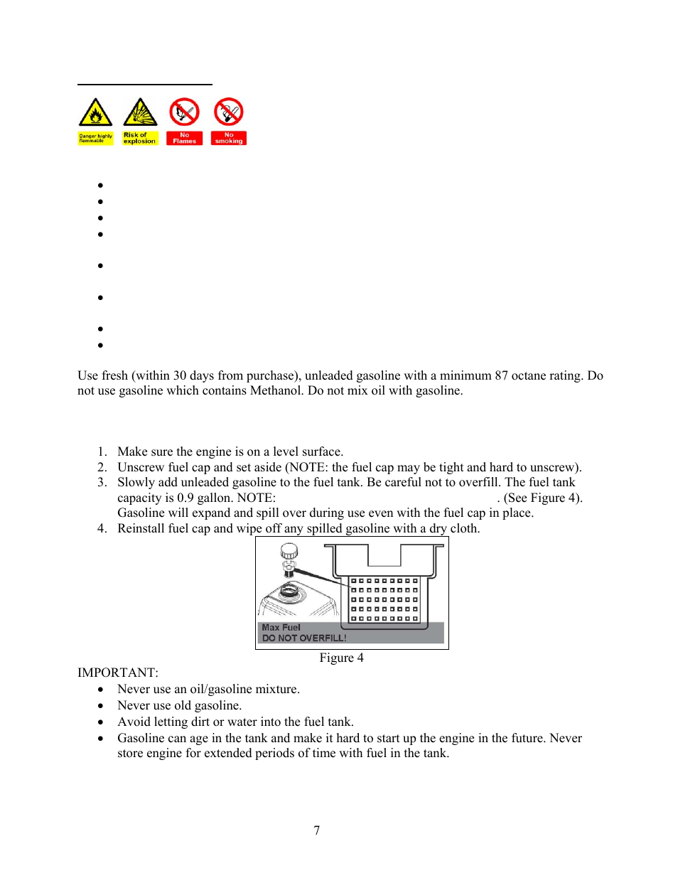 Step 2- add gasoline, Warning | WEN 56212 212 cc 7 HP OHV Horizontal Shaft Gas Engine - CARB User Manual | Page 10 / 27