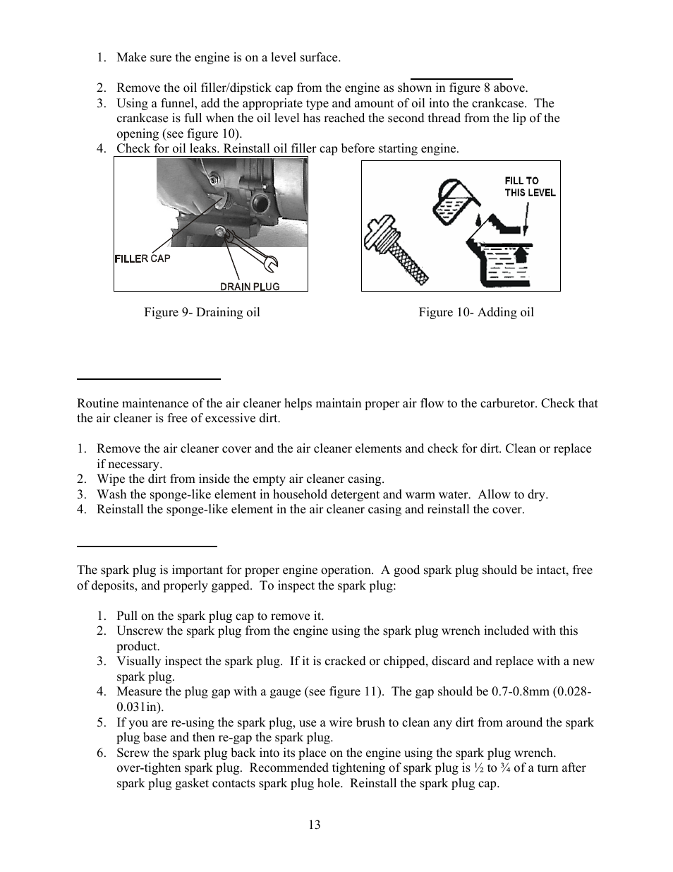 Air cleaner maintenance spark plug maintenance | WEN 56212 212 cc 7 HP OHV Horizontal Shaft Gas Engine - CARB User Manual | Page 16 / 27