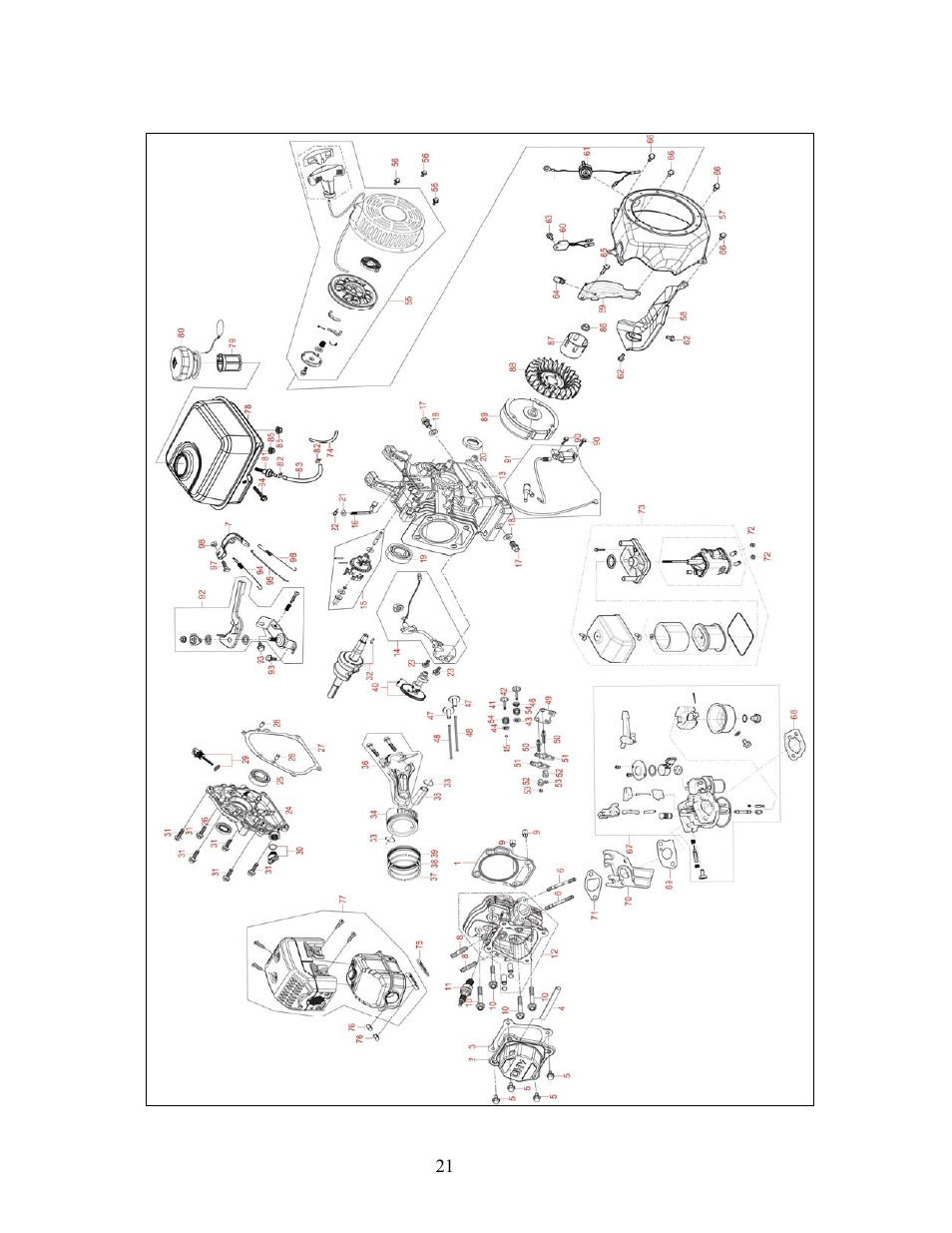 Exploded view and parts list | WEN 56212 212 cc 7 HP OHV Horizontal Shaft Gas Engine - CARB User Manual | Page 24 / 27