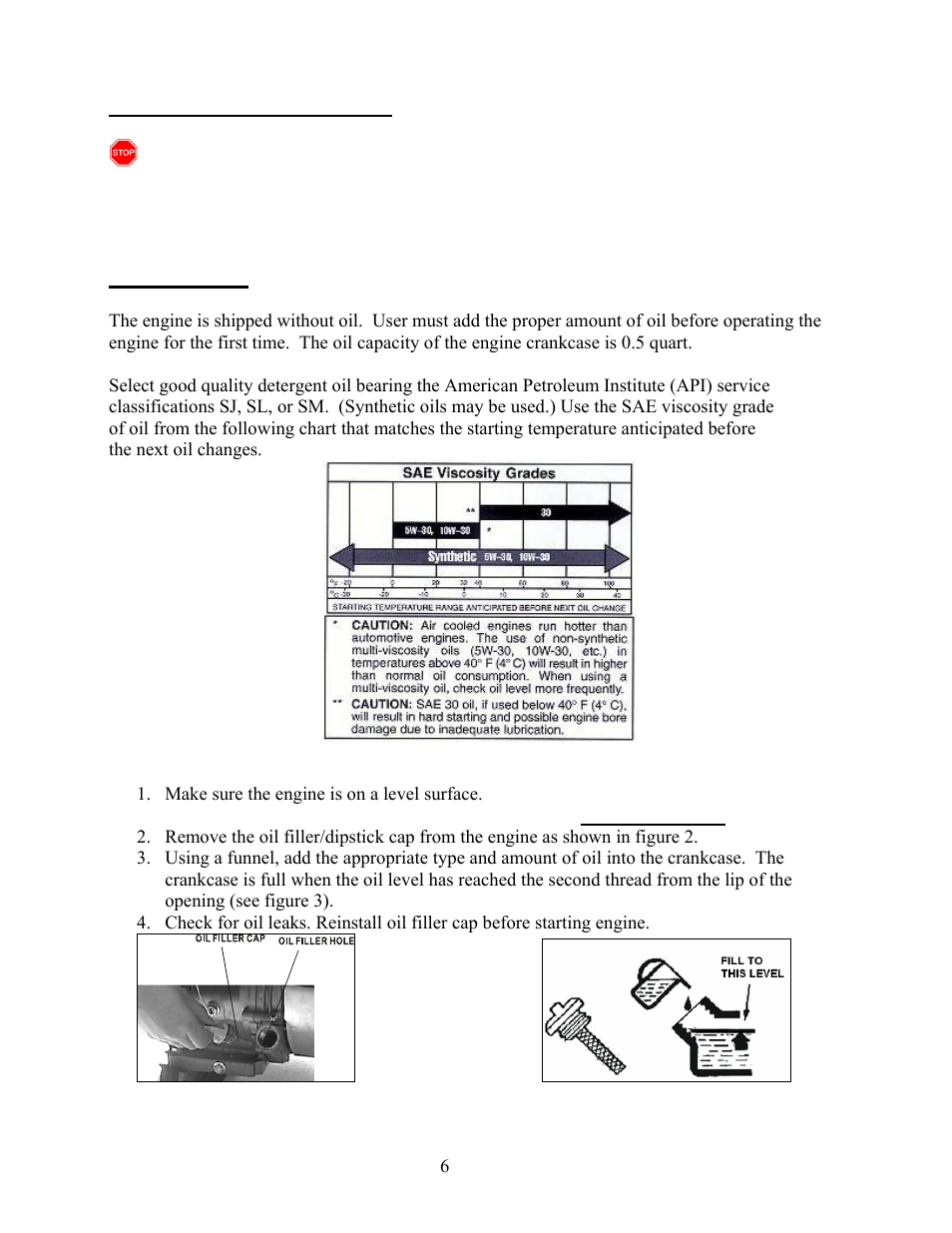 Using the engine for the first time, Step 1 - fill oil | WEN 56212 212 cc 7 HP OHV Horizontal Shaft Gas Engine - CARB User Manual | Page 9 / 27