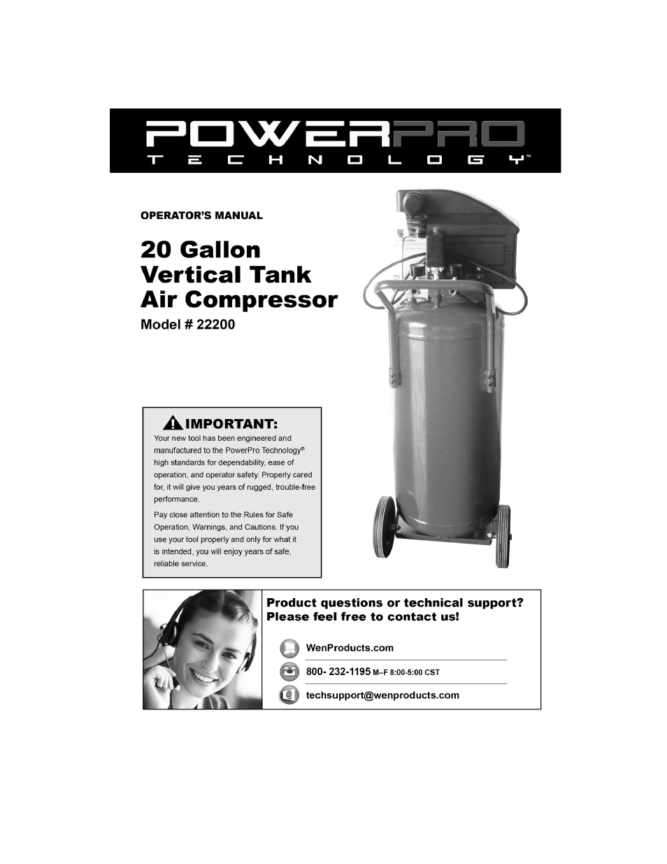 WEN 22200 20 Gallon Vertical Tank Air Compressor User Manual | 20 pages