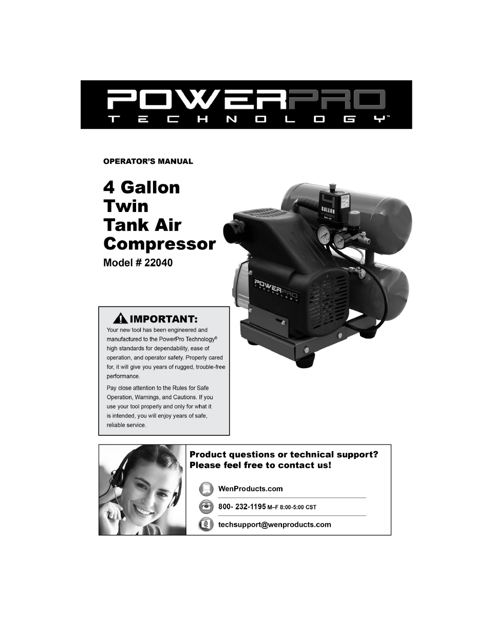WEN 22040 4 Gallon Twin Tank Air Compressor User Manual | 20 pages