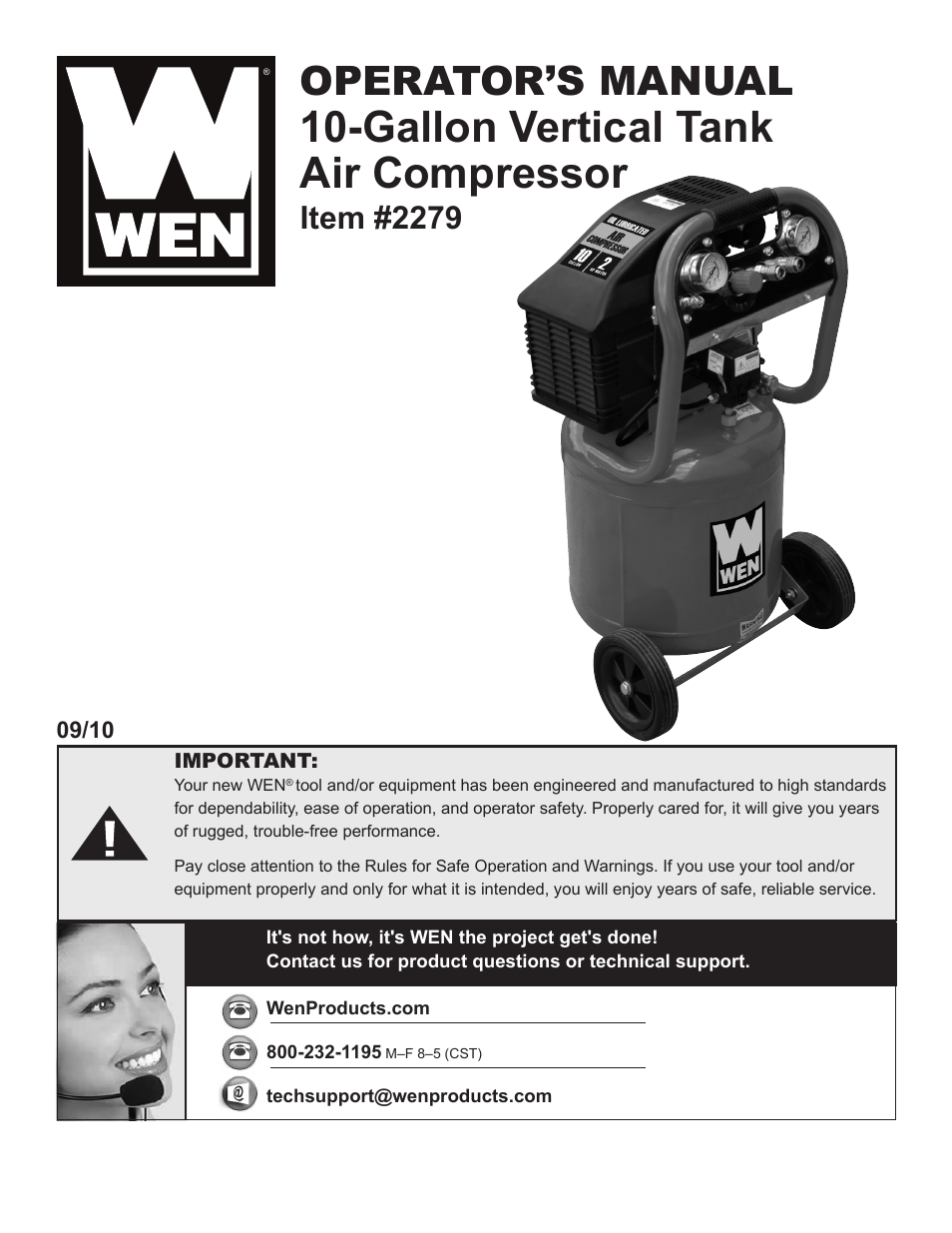 WEN 2279 10 Gallon Vertical Tank Air Compressor User Manual | 19 pages