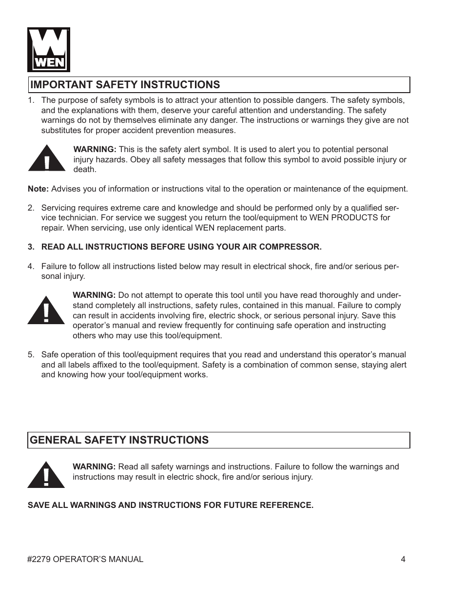 WEN 2279 10 Gallon Vertical Tank Air Compressor User Manual | Page 4 / 19