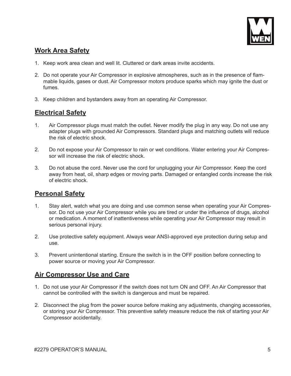 Work area safety, Electrical safety, Personal safety | Air compressor use and care | WEN 2279 10 Gallon Vertical Tank Air Compressor User Manual | Page 5 / 19