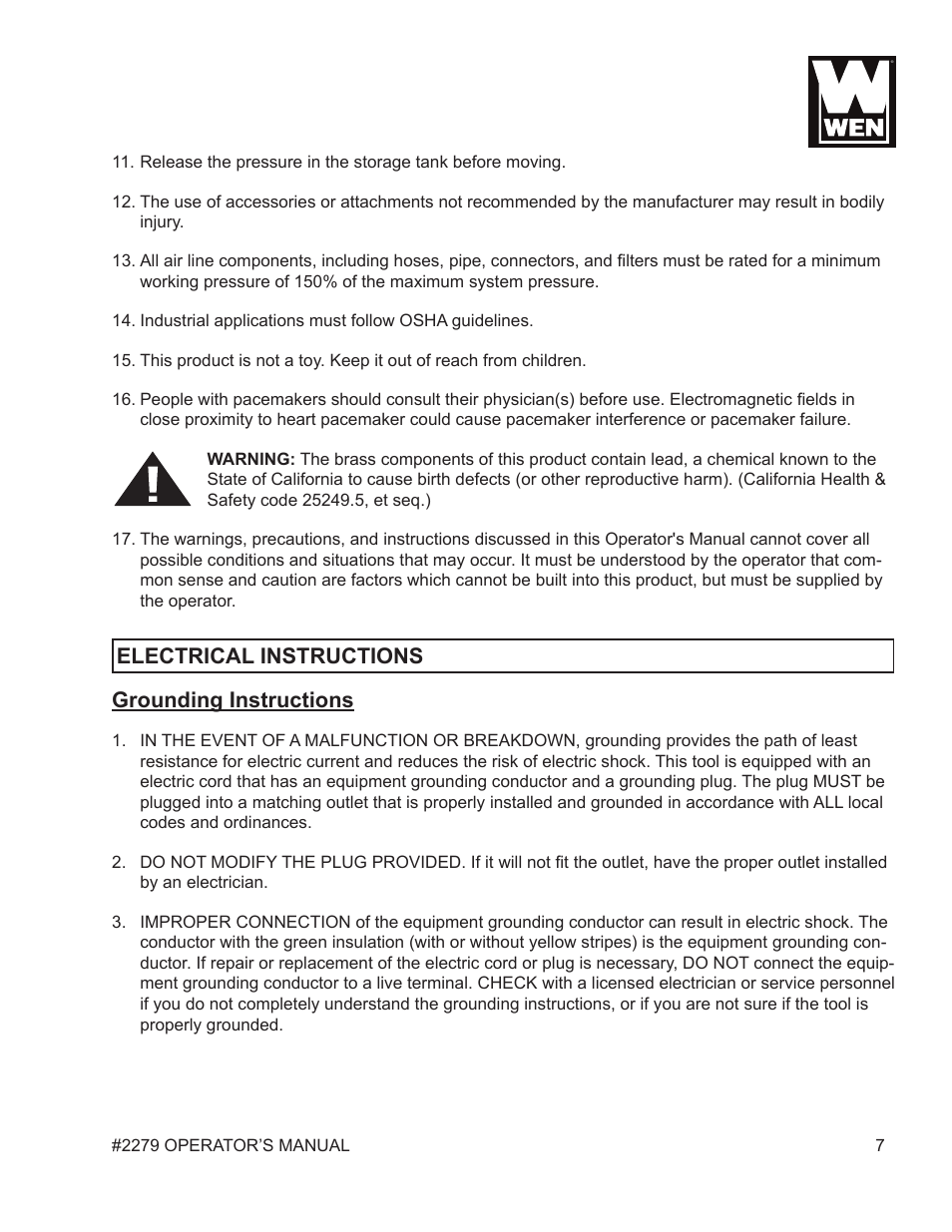 Grounding instructions, Electrical instructions | WEN 2279 10 Gallon Vertical Tank Air Compressor User Manual | Page 7 / 19