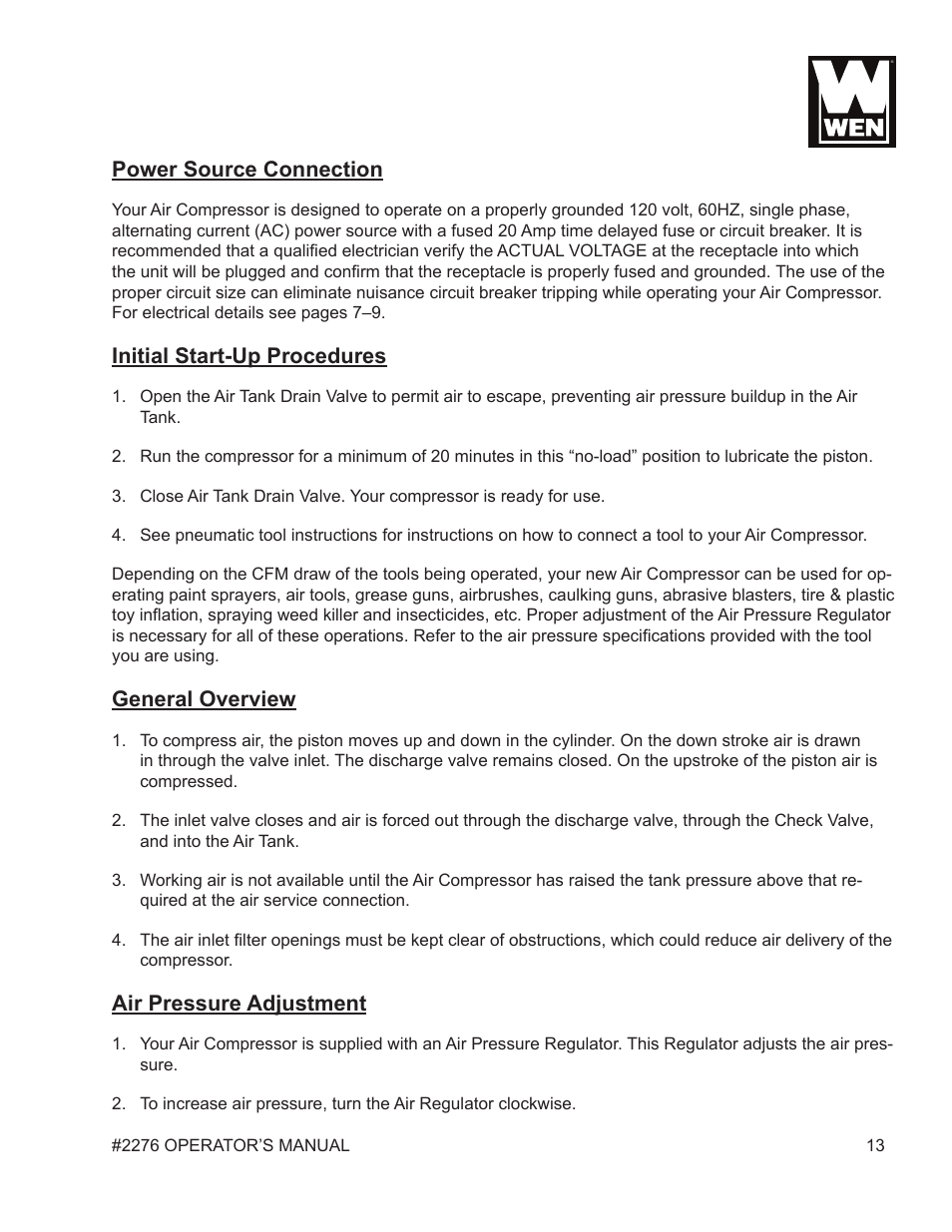 Power source connection, Initial start-up procedures, General overview | Air pressure adjustment | WEN 2276 6 Gallon Horizontal Air Compressor User Manual | Page 13 / 19