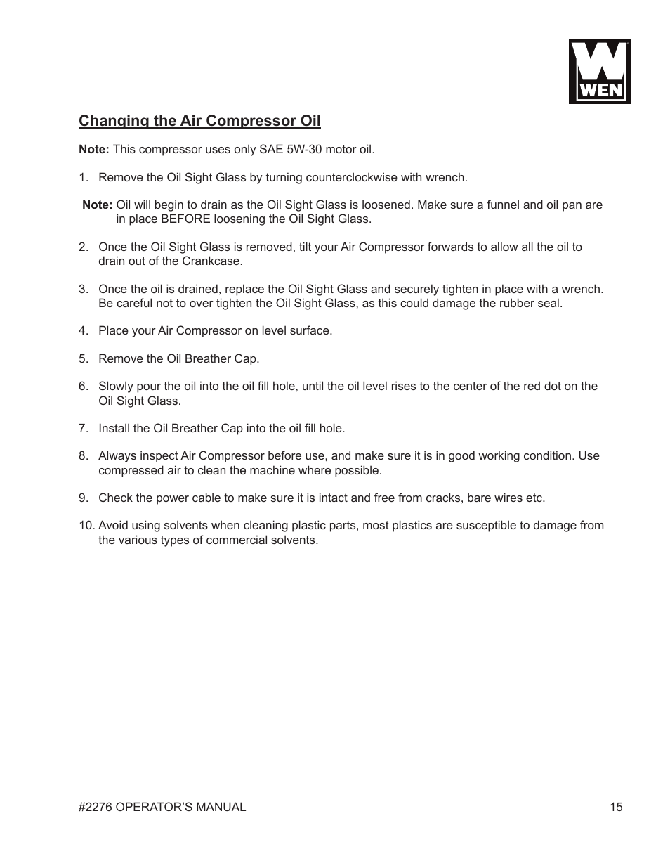 Changing the air compressor oil | WEN 2276 6 Gallon Horizontal Air Compressor User Manual | Page 15 / 19