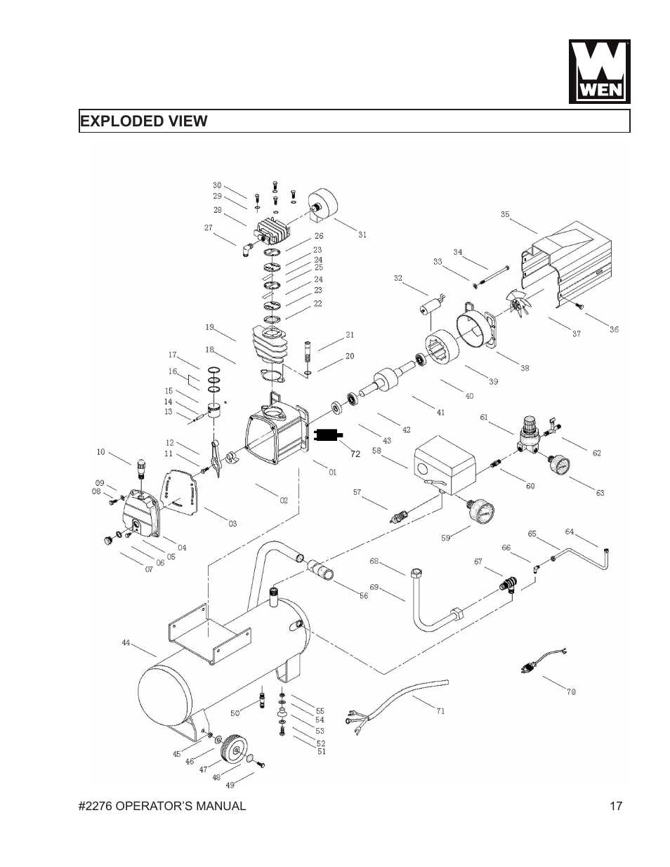 Exploded view | WEN 2276 6 Gallon Horizontal Air Compressor User Manual | Page 17 / 19
