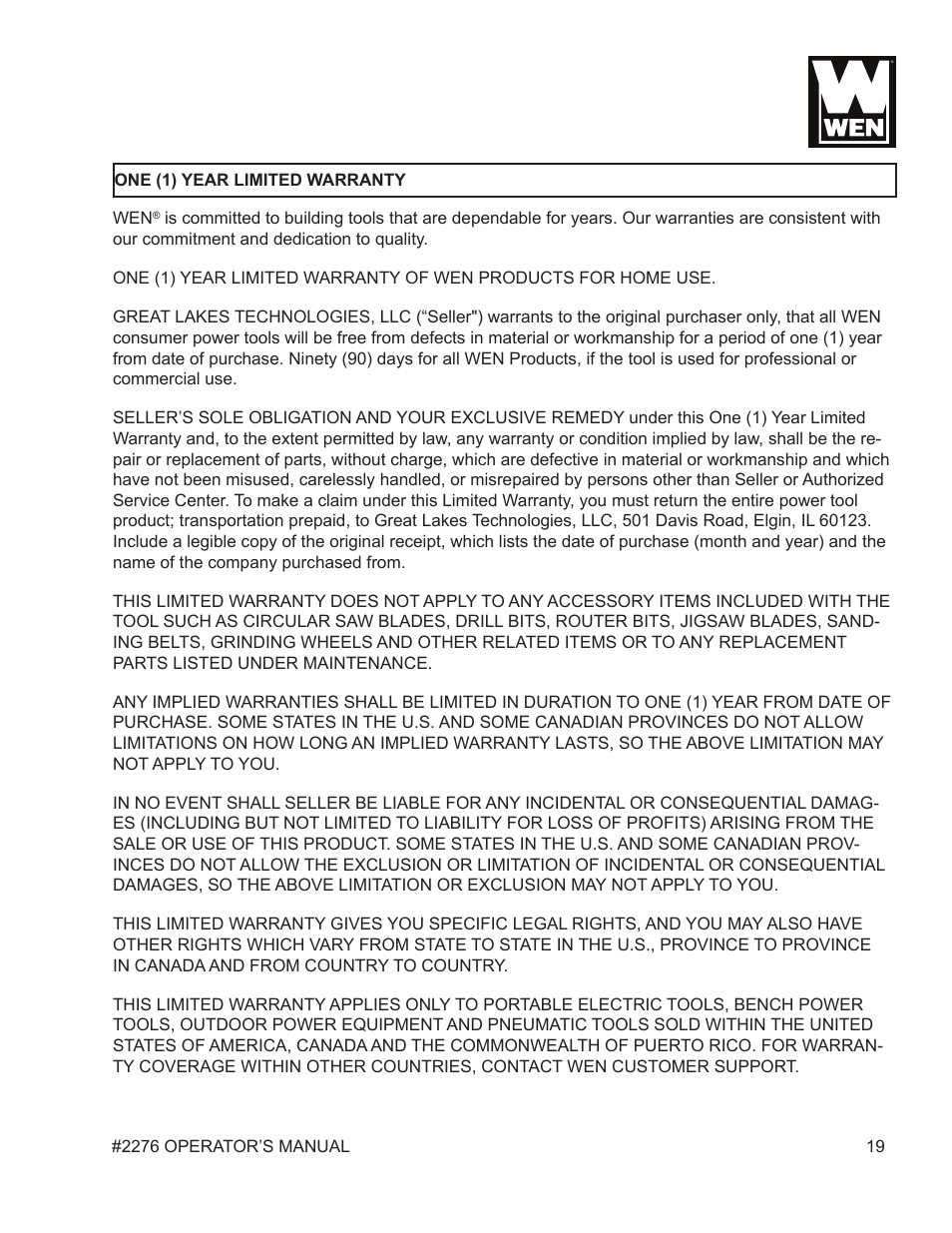 WEN 2276 6 Gallon Horizontal Air Compressor User Manual | Page 19 / 19