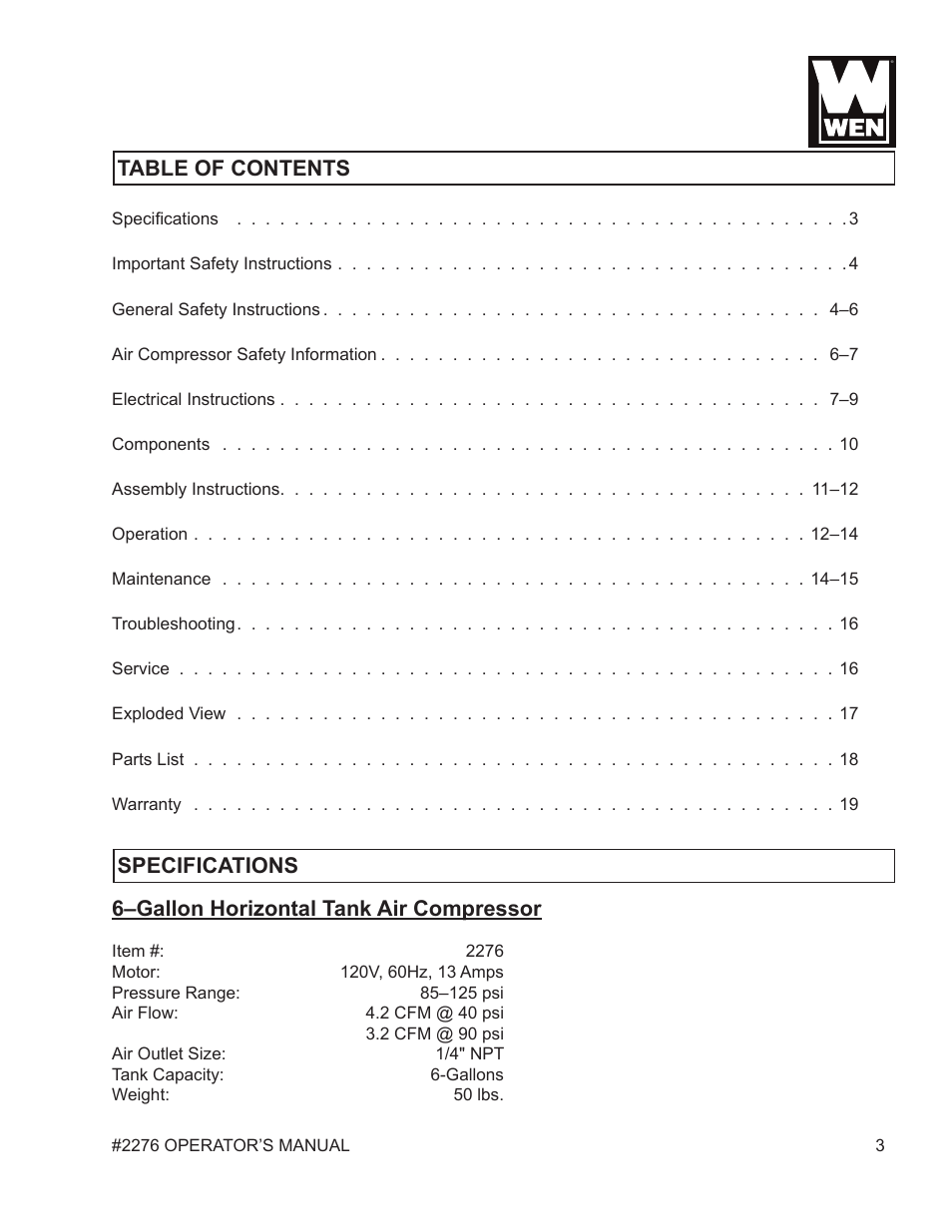 WEN 2276 6 Gallon Horizontal Air Compressor User Manual | Page 3 / 19