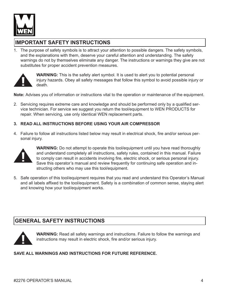 WEN 2276 6 Gallon Horizontal Air Compressor User Manual | Page 4 / 19