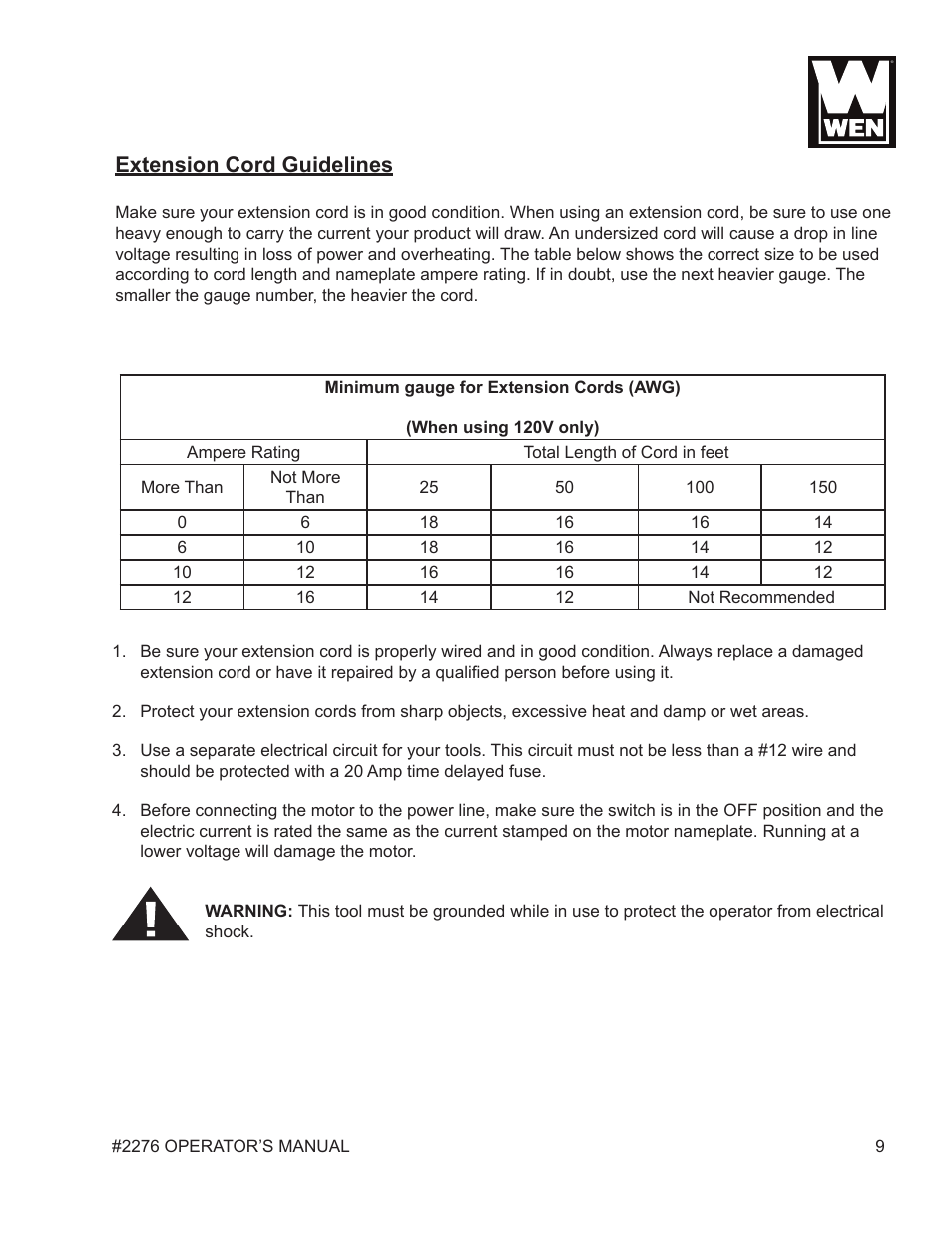 Extension cord guidelines | WEN 2276 6 Gallon Horizontal Air Compressor User Manual | Page 9 / 19
