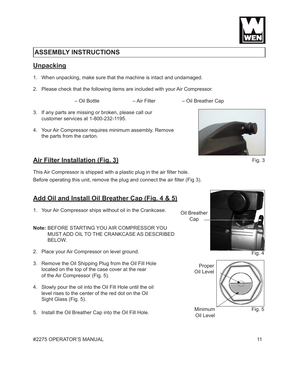 Unpacking, Air filter installation (fig. 3), Add oil and install oil breather cap (fig. 4 & 5) | Assembly instructions | WEN 2275 5 Gallon Pancake Air Compressor User Manual | Page 11 / 19