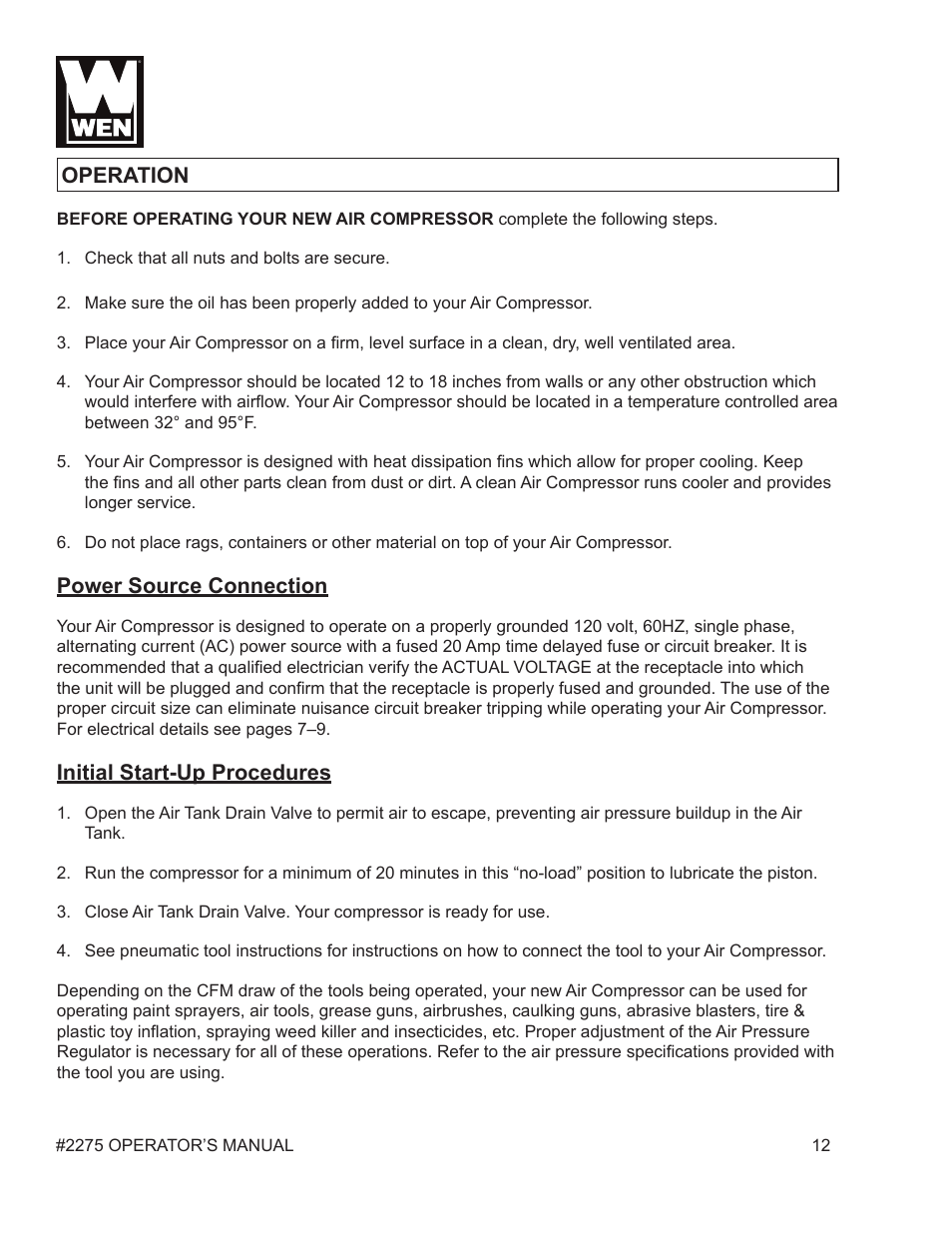 Power source connection, Initial start-up procedures, Operation | WEN 2275 5 Gallon Pancake Air Compressor User Manual | Page 12 / 19