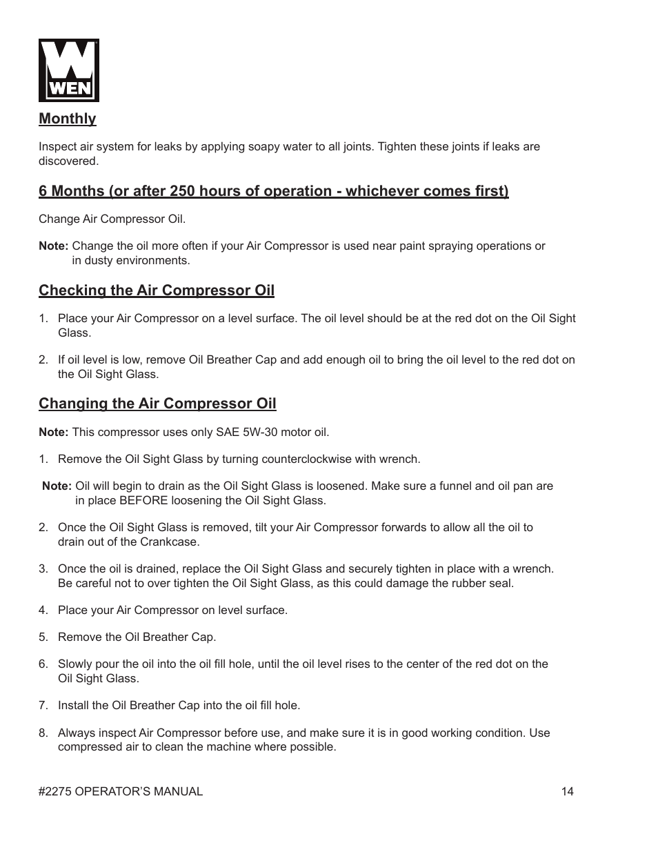 Monthly, Checking the air compressor oil, Changing the air compressor oil | WEN 2275 5 Gallon Pancake Air Compressor User Manual | Page 14 / 19