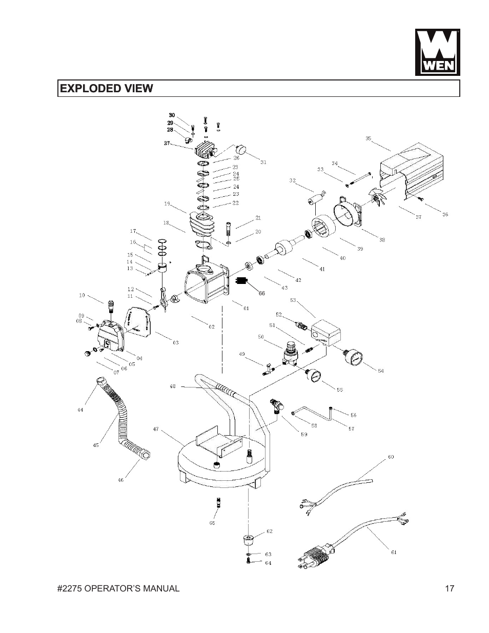 Exploded view | WEN 2275 5 Gallon Pancake Air Compressor User Manual | Page 17 / 19