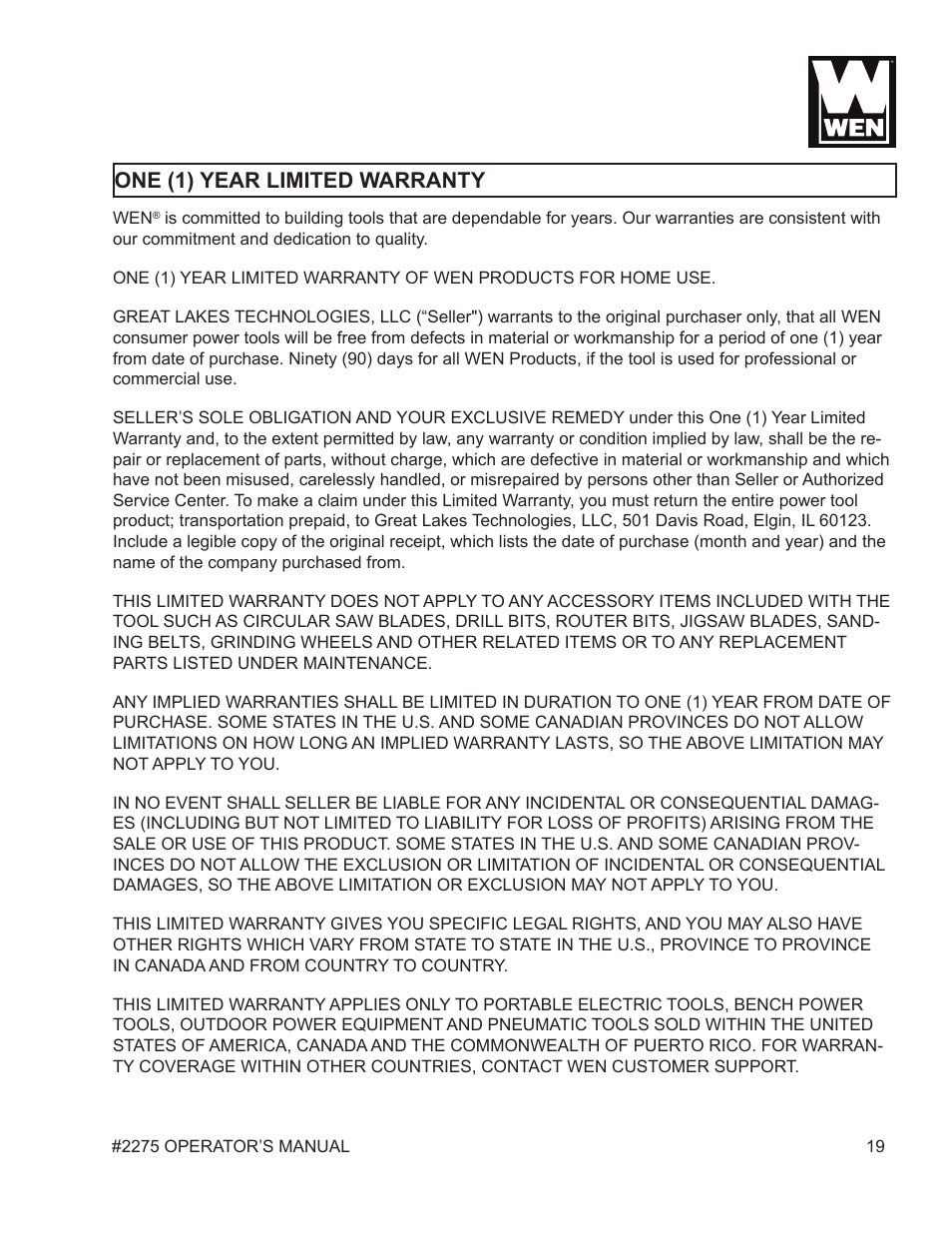 One (1) year limited warranty | WEN 2275 5 Gallon Pancake Air Compressor User Manual | Page 19 / 19