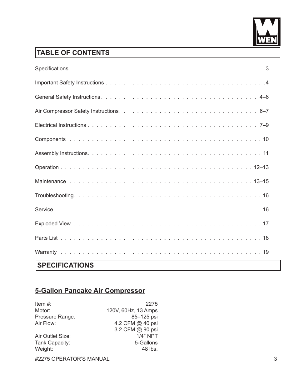 WEN 2275 5 Gallon Pancake Air Compressor User Manual | Page 3 / 19