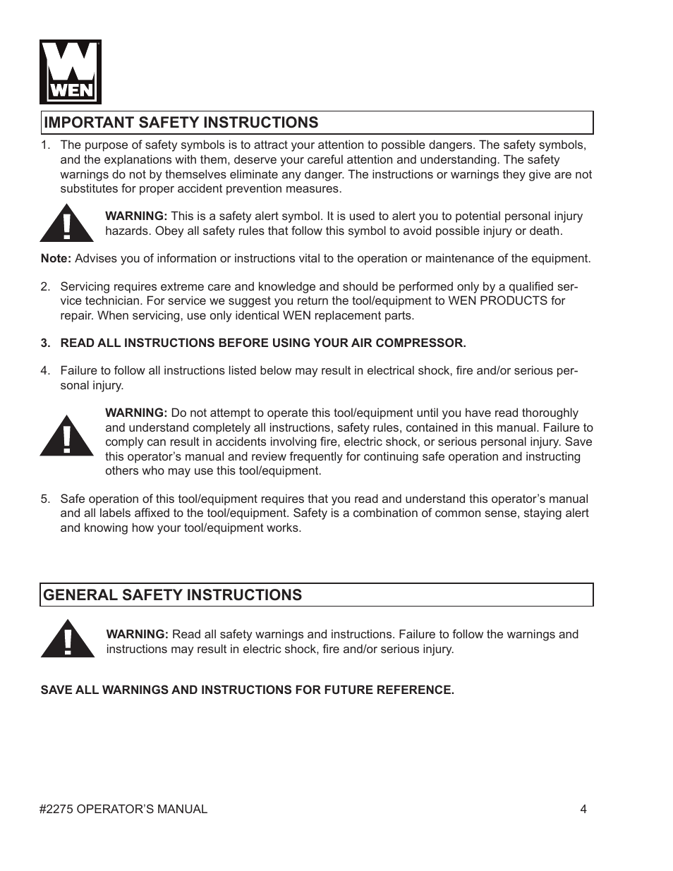 WEN 2275 5 Gallon Pancake Air Compressor User Manual | Page 4 / 19