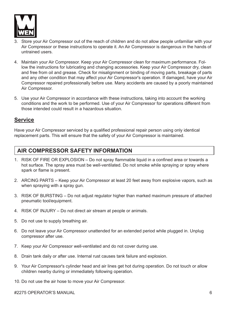 Service, Air compressor safety information | WEN 2275 5 Gallon Pancake Air Compressor User Manual | Page 6 / 19